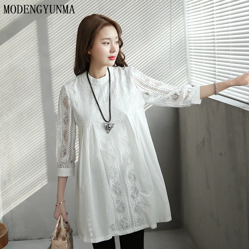 

MODENGYUNMA Maternity Dresses New Lace Pregnant Woman Dress Round Neck White Seven Part The Sleeve Pregnancy Clothes Vestido