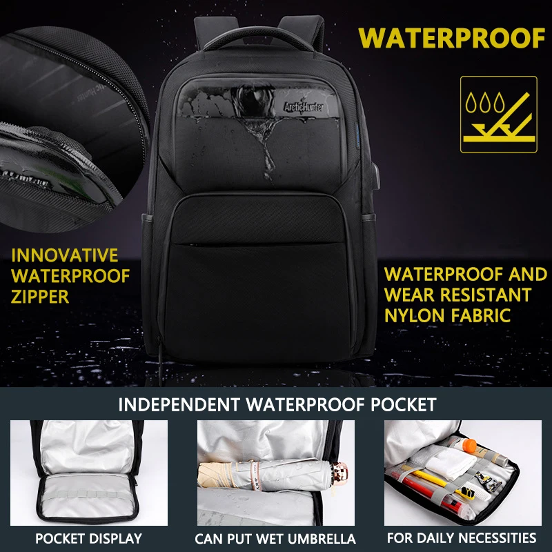 صدمات رجل USB شحن مكافحة سرقة الظهر للماء 15.6 بوصة الأسود الذكور محمول Bagpacks سفر متعددة الوظائف أكياس
