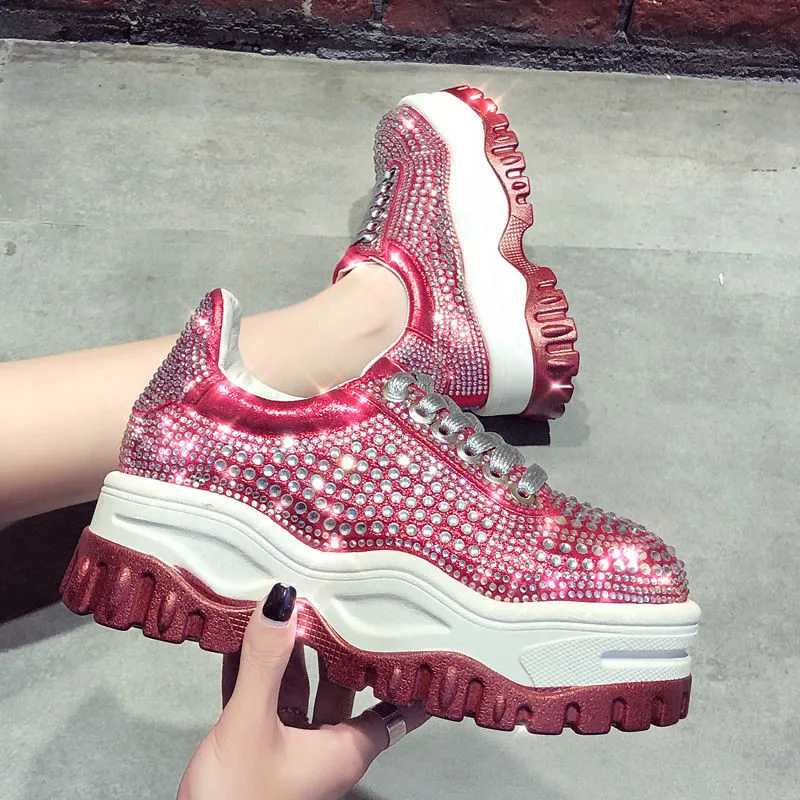

CLOSHOE Female Sneaker Sponge Water Drill Shoe Fastens Thick Bottom Heighten