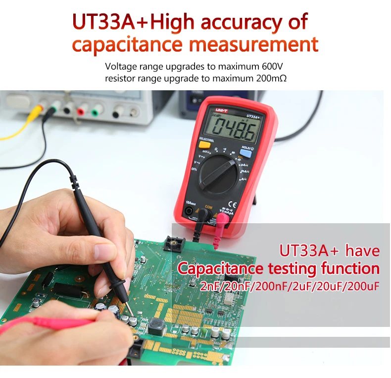 UNI-T UT33A+ размер ладони цифровой мультиметр тестер подсветка AC DC Вольтметр Амперметр Омметр измеритель емкости