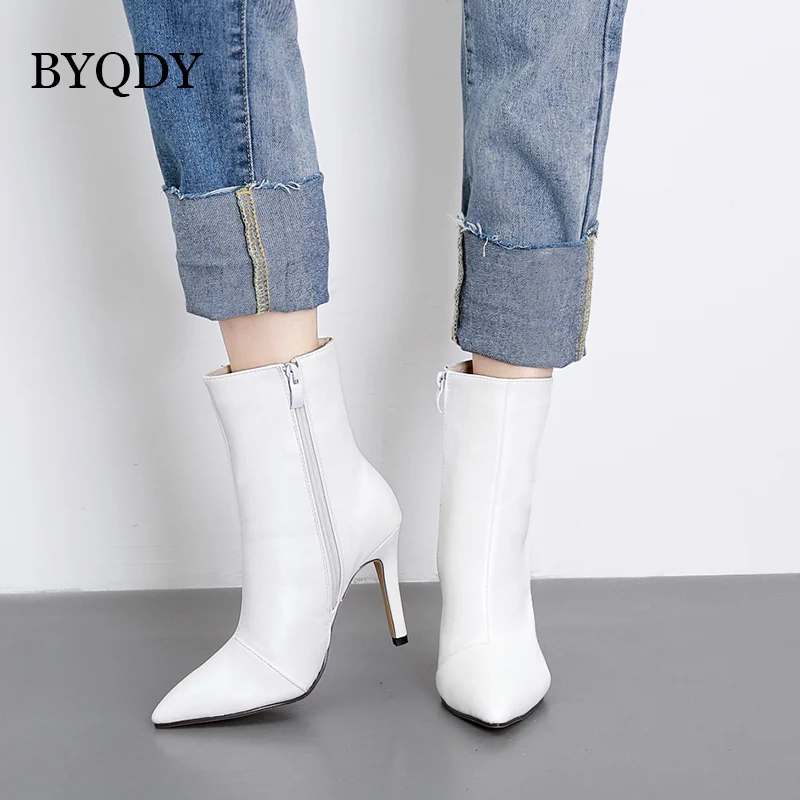 

BYQDY Spring Ladies Leather Ankle Boots Black High Heels Pointed Toe Short Boots For Woman Autumn Ladies Casual Shoes White 2018