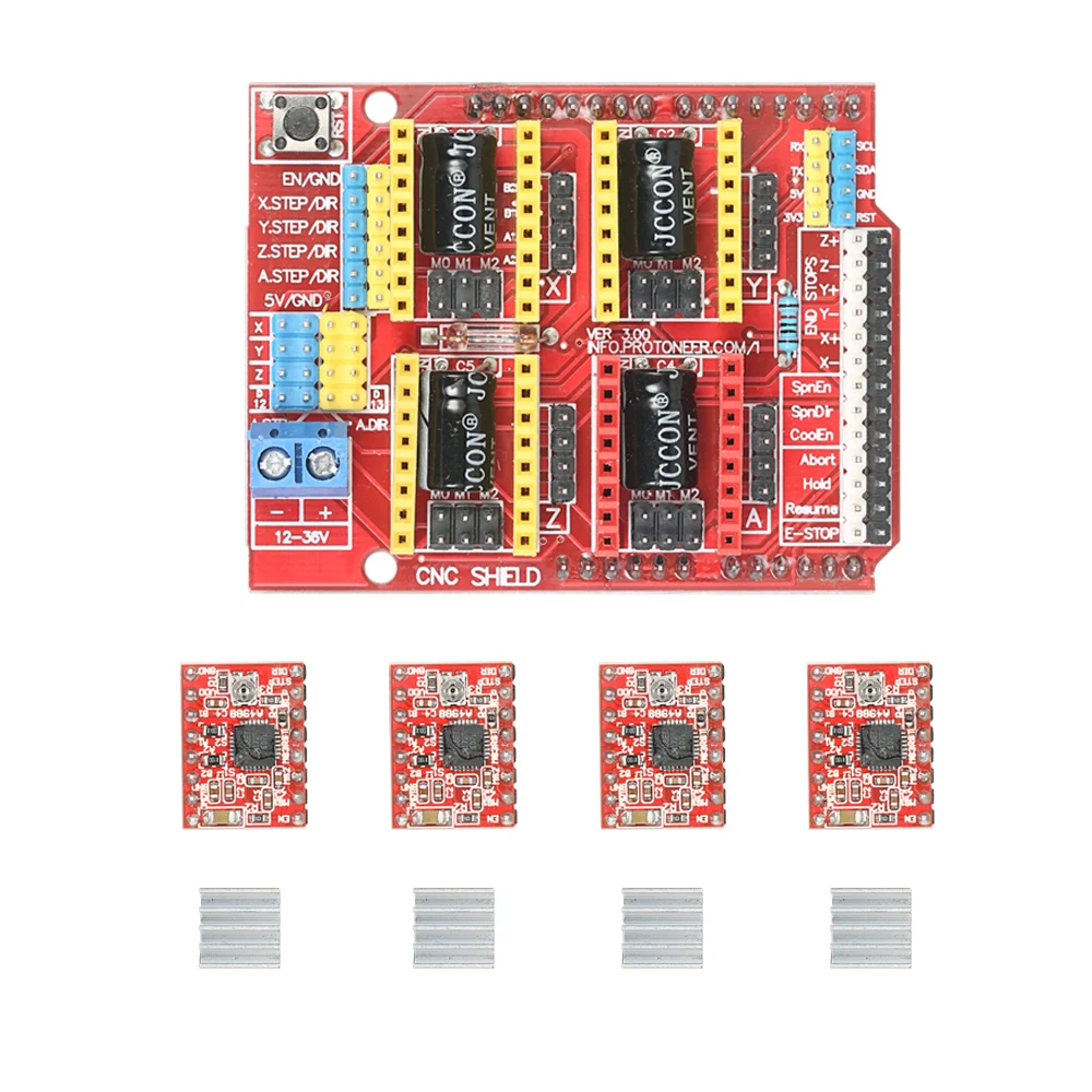 Щит с ЧПУ Плата расширения для V3 гравер + 4 шт. A4988 Драйвер шагового двигателя Модуль с радиатором для Arduino 3D-принтеры