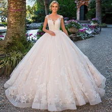 Liyuke свадебное платье для свадьбы, бальное платье с зубчатым вырезом, кружевной аппликацией, короткими рукавами и открытой спиной, по индивидуальному заказу