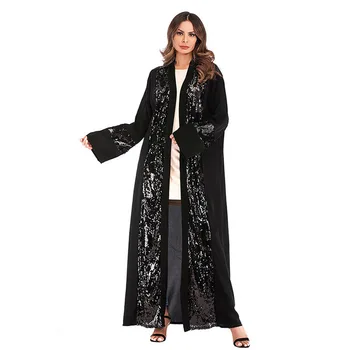 

Chic Sequin Muslim Kimono Cardigan 2019 Spring Women Blusas Vintage Loose Big Blouse Shirts Long Outerwear Black Tops Belted
