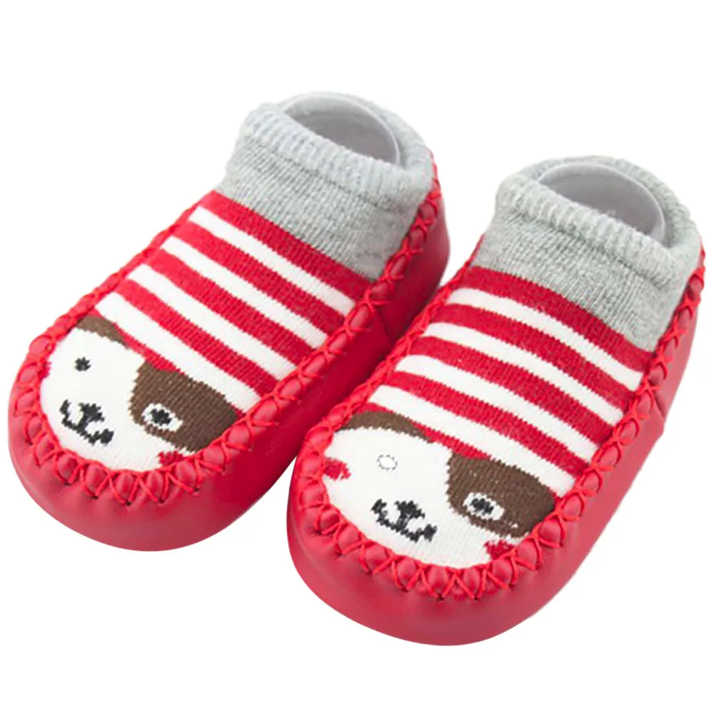 Осенне-зимние детские носки обувь для малышей с героями мультфильмов для новорожденных девочек и мальчиков, нескользящие носки для первых прогулок Тапочки - Цвет: Red