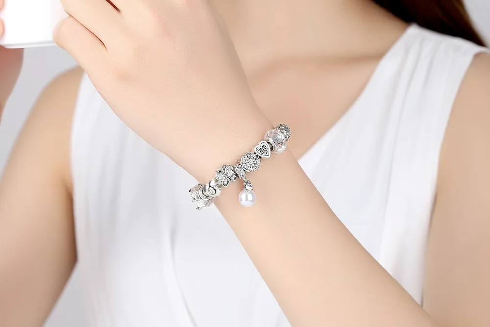 ELESHE queen ювелирные изделия серебряный браслет с шармами и браслеты жемчужный кулон с клевером Корона бусины браслет для женщин Свадьба