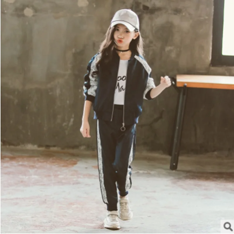 

Children 's Sports Clothing Sets Suits New 2019 Spring/Autumn Girls 2 Patchwork Colors Size4-14 Kids Clothes Sets 2 piece ly094