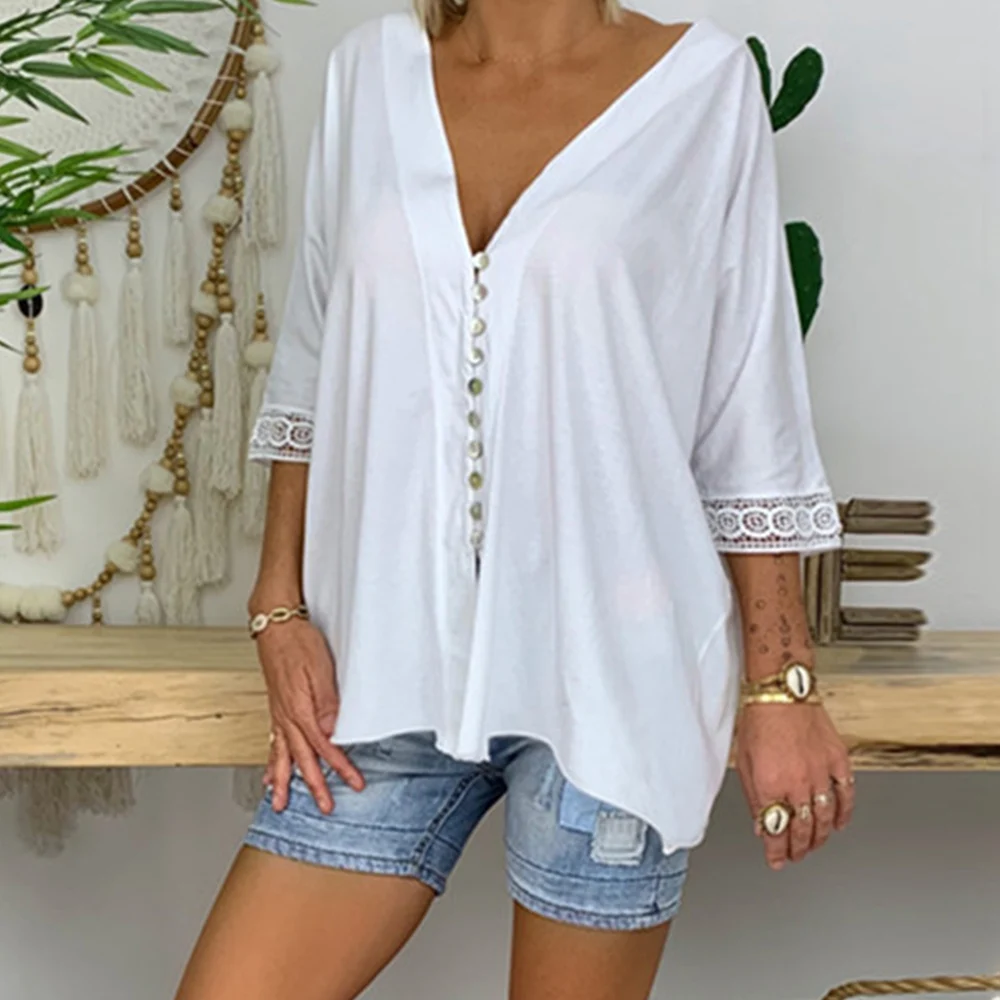 

Blouse Woman 3/4 Sleeve Button Solid Sexy V Neck Casual Summer Tops Fashion Women Loose Plus Size Shirt Streetwear blusa 5XL H30