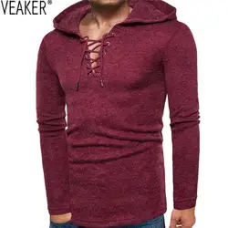 2018 новые осенние Для мужчин пикантные v-образным вырезом бинты свитера мужской Slim Fit с капюшоном свитер Пуловеры Solid Цвет с длинным рукавом