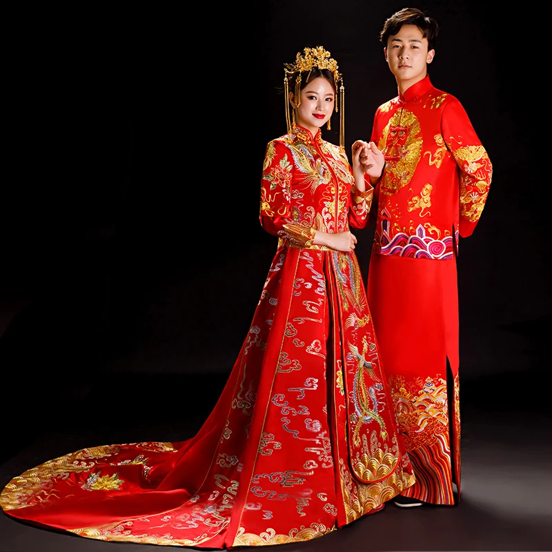 Красный китайский Свадебные Жених Cheongsam традиционный стиль выйти вечернее платье Вышивка Длинные Qipao Женская и мужская одежда