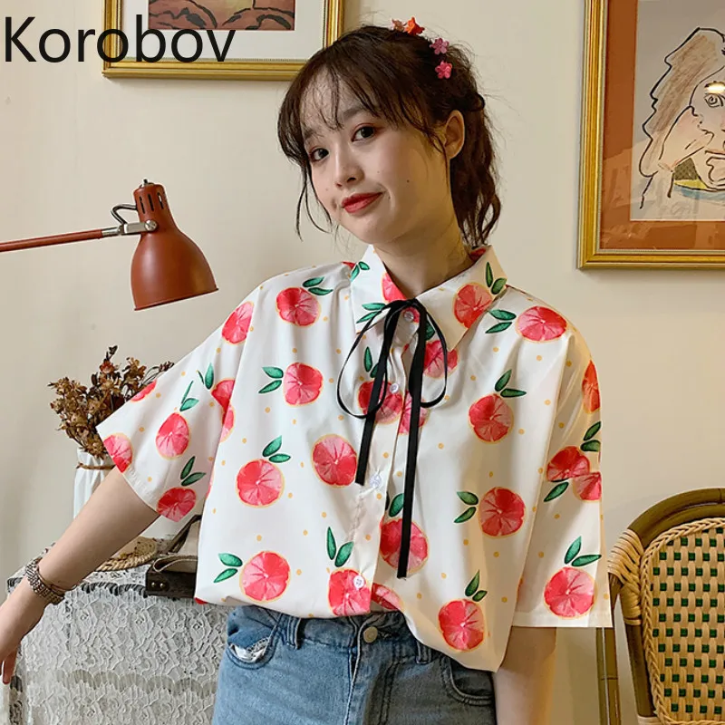

Korobov 2019 New Strawberry Print Women Blouse Korean Turn-down Collar Lacing Bow Short Sleeve Shirts Sweet Blusas Mujer 77963