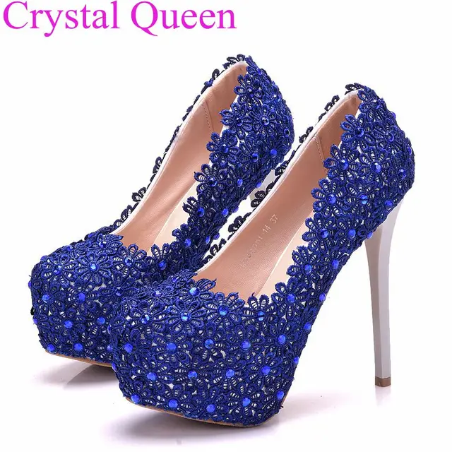Royal Blue Elegant heels high quality women shoes blue lace pumps high heels blue heels thin