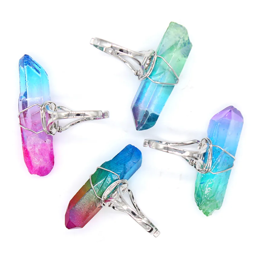 

100-Unique 1 Pcs Silver Plated Wire Wrap Irregular Shape Crystal Dyed Colorfulr Resizable Finger Ring