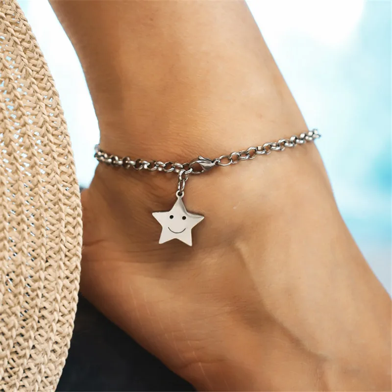 

Vintage enkelbandje Stainless Steel Smiley Face Stars Anklet For Bohemian Women Leg Ankle Bracelet cheville Boho Foot Jewelry