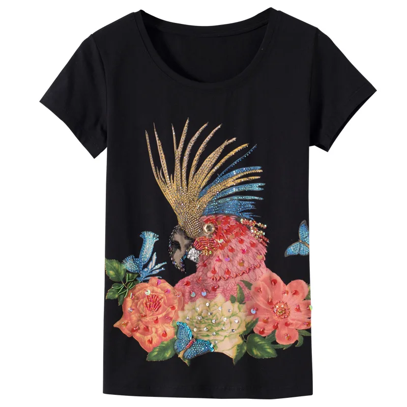 

2018 Summer Short Sleeve T Shirt Women Parrot beaded sequined T-shirt Women Tops Tee Shirt Femme New harajuku female T-shirt