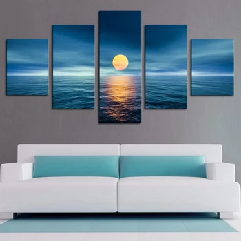 

Framed 5 Panels Seaview Scenery Moon Canvas Print Painting Modern Canvas Wall Art for Wall Pcture Home Decor Artwork