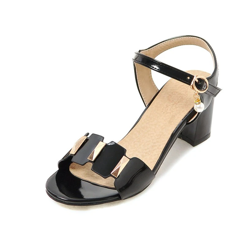Karinluna/новые женские босоножки с ремешком на щиколотке, большие размеры 31-43 Удобная женская обувь на квадратном каблуке с металлическим украшением для свиданий - Цвет: Черный