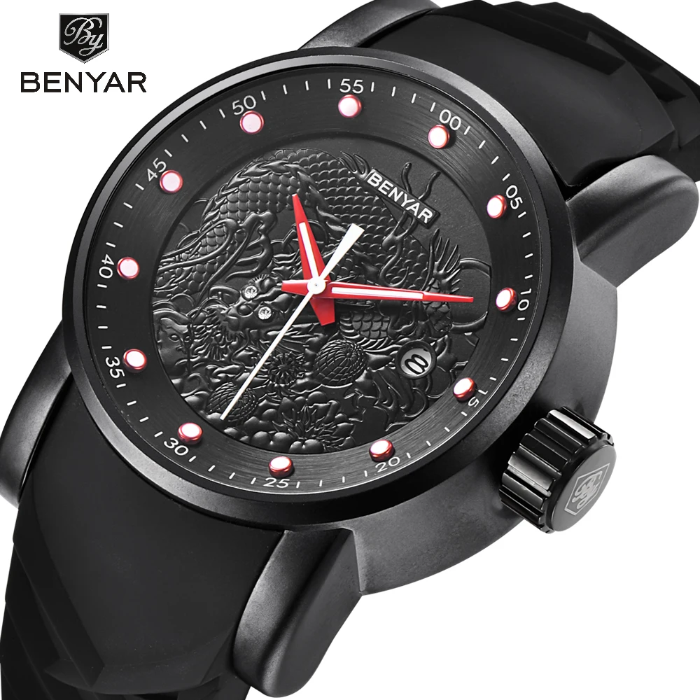 

BENYAR Luxury Brand Dragon Sculpture Date Men's Quartz Watch 30M Waterproof Silicone Strap Fashion Watch Relogio Masculino