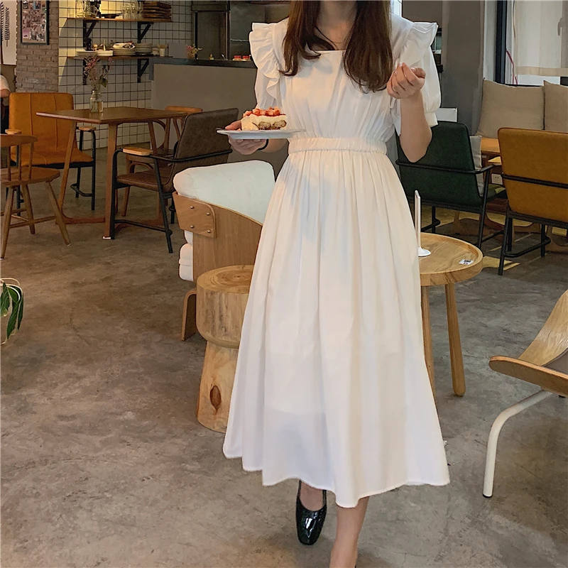 

2019 summer new women's clothes French small square collar slim slim dress solid color short-sleeved elastic waist midi dress
