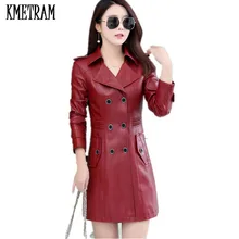 Длинное пальто из искусственной кожи весенне-осенняя женская кожаная куртка больших размеров женские двубортные мотоциклетные куртки KMETRAM YJZ174