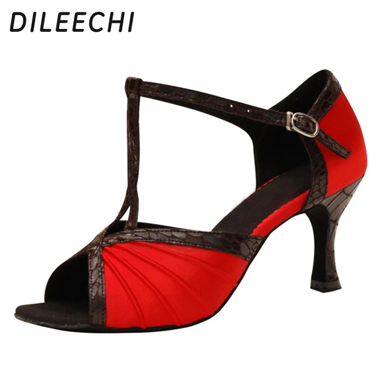 DILEECHI Red satin Latin dance shoes Women's ballroom dancing shoes