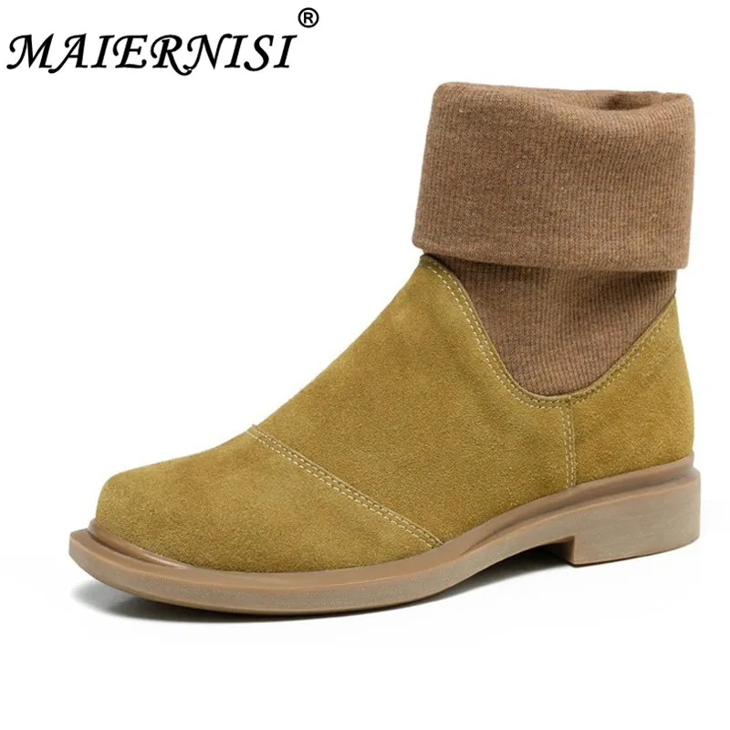 

2019 New High-quality Autumn Winter Shoes Women Boots Genuine Leather Slip On Round Toe plus size 34-41 Black yellow