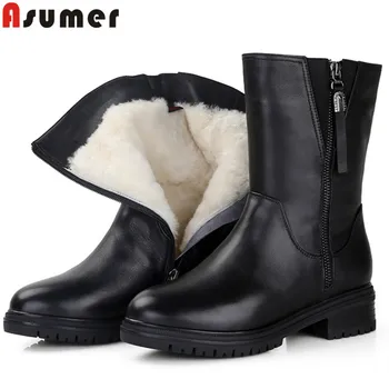 

ASUMER big size 35-43 fashion ankle boots for women round toe zip genuine leather boots square heel winter keep warm snow boots