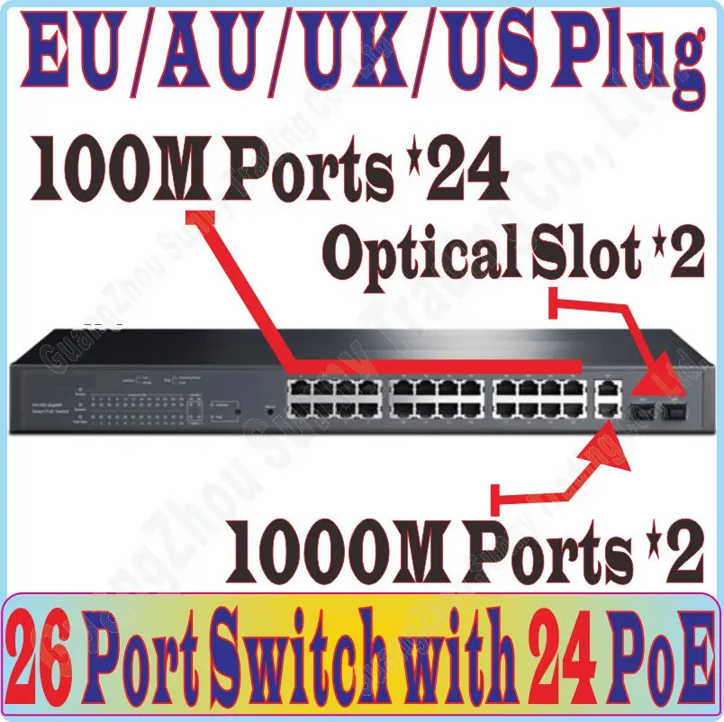 Макс. PoE 384 W, 26 коммутатор PoE портов поддерживает питание ip-камеры/WiFi AP, с 24 портами s PoE и 2* RJ-45 гигабитный порт и 2* SFP порт