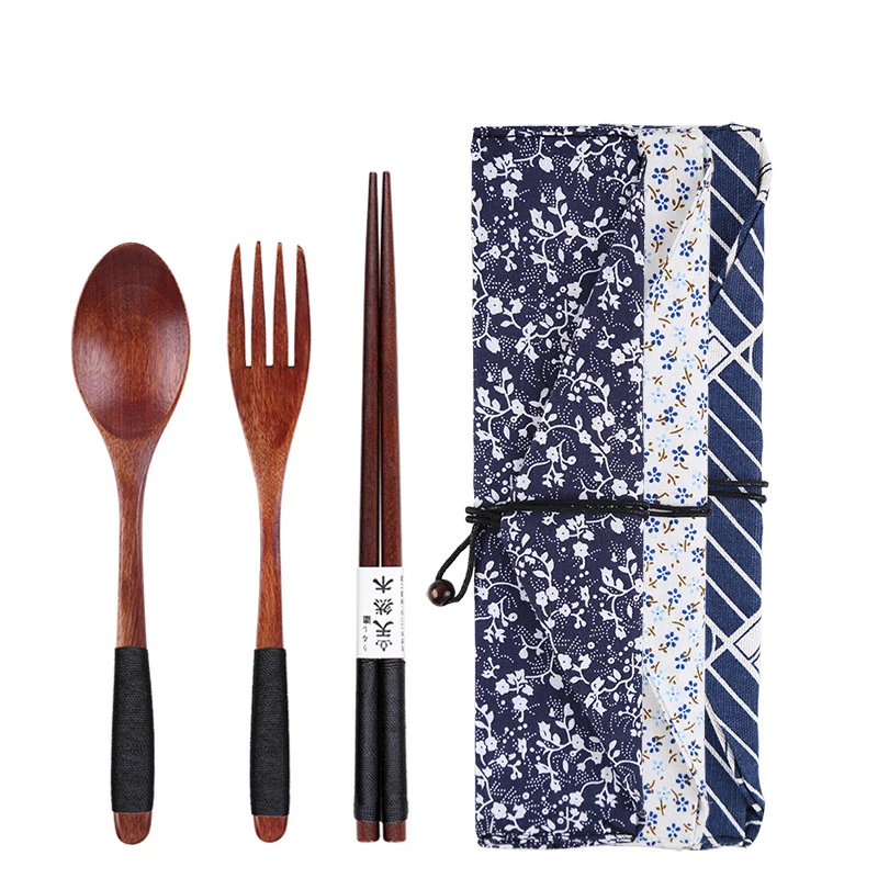 Japanese Style 3 Pcs Wooden Spoon Fork Chopsticks Kit Cutlery Sets