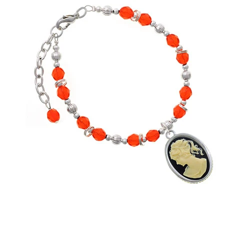 Silvertone Oval - Black Cameo - Orange Beaded Bracelet
