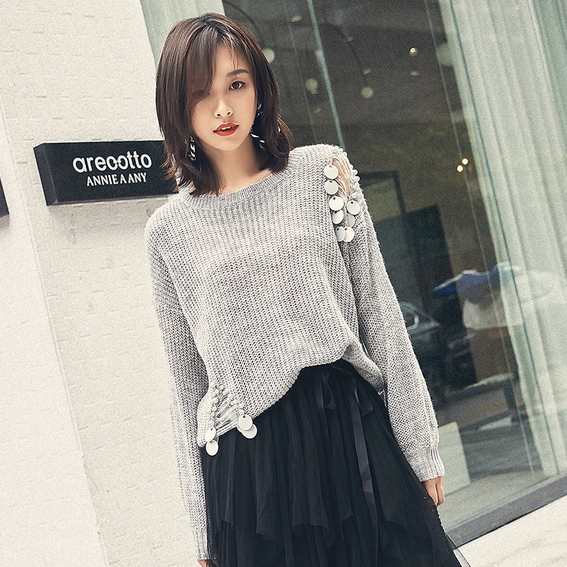 Sweat Sweater Women Autumn Winter Pullovers Solid Beading Causal Oversize Long-sleeve Knitted Sweaters CGM18163 | Женская одежда