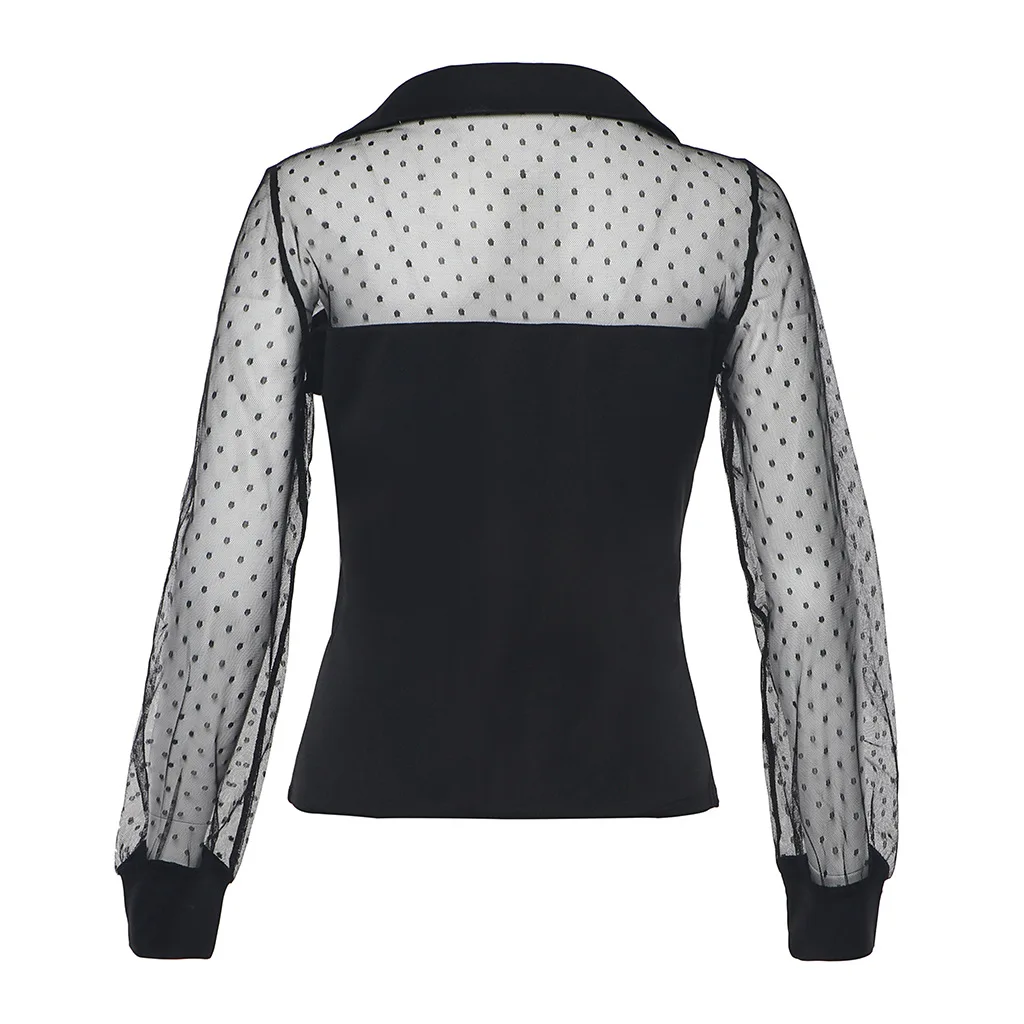 Transparent See Through Blouse Women 2019 Summer Female Sexy Mesh Perspective Polka Dot Tops Ladies Long-Sleeve Slim Shirt