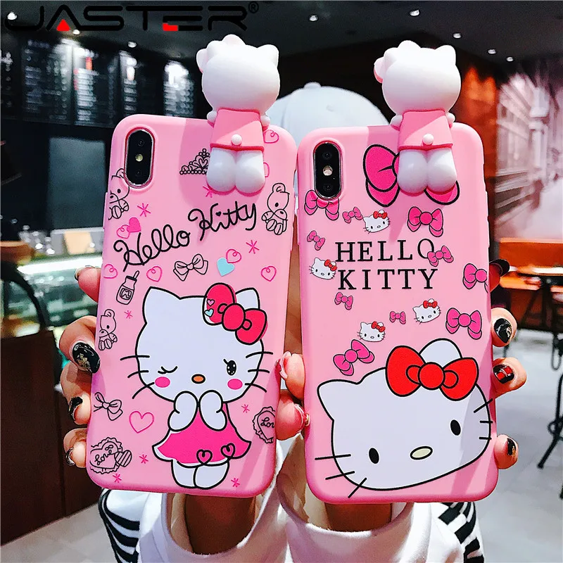 

JASTER Soft Silicone Pink Doll Back Cover For coque iphone 6 6S 7 8 Plus lovely Hello Kitty Phone Case For iphone X XS MAX XR
