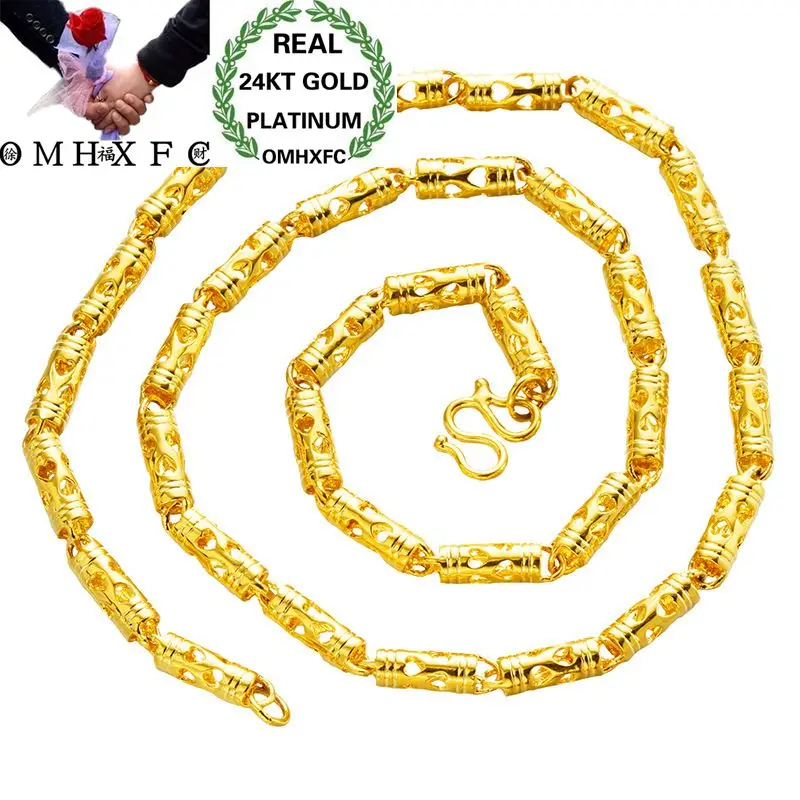 

OMHXFC Wholesale European Fashion Man Male Party Wedding Gift Long 50 45cm Wide 3mm Cylinder Real 24KT Gold Chain Necklace NL56