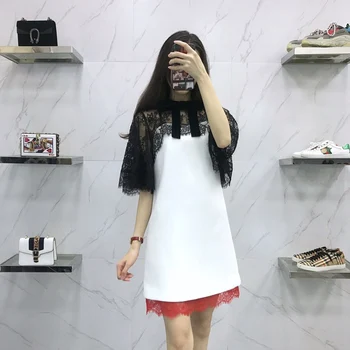 

2020 spring and summer new bow tie color lace side trumpet sleeve stand collar dress