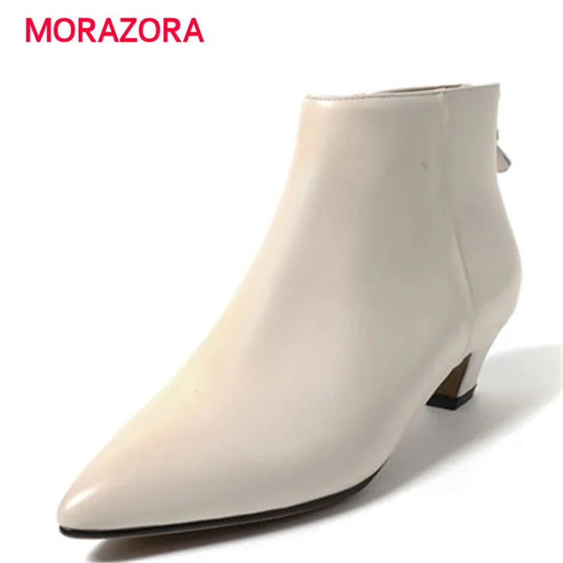 

MORAZORA 2018 new fashion pointed toe genuine leather boots comfortable square heel med heel ankle boots zipper women's boots
