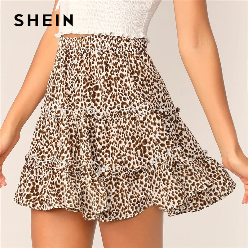 

SHEIN Leopard Print Layered Frill Trim Skater Short Skirts Womens 2019 Mid Waist Mini Skirt Ladies Cute A Line Summer Skirt