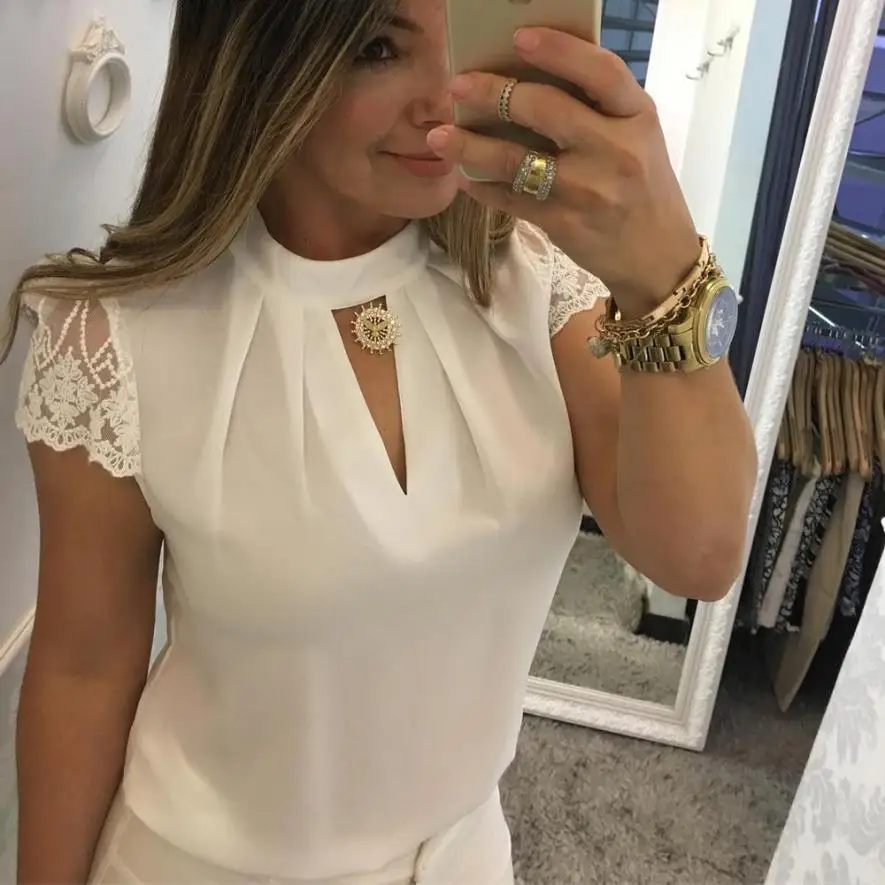 

Women Casual Chiffon Short Sleeve Splice Lace Crop Top Lace stitching sleeve chiffon short sleeve top