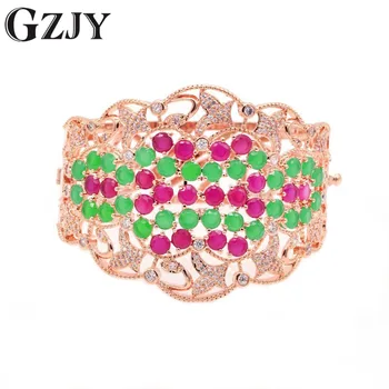 

GZJY Fashion Red&Green Zircon Bracelets Champagne Gold Color Big Cuff Bracelet Bangle For Women Wedding Party Gifts Jewelry