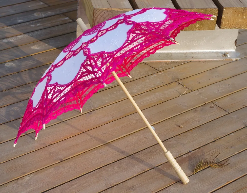 

New Vintage Lace Umbrella Handmade Cotton Embroidery Battenburg Fuchsia and white Lace Parasol Umbrella Wedding Decor