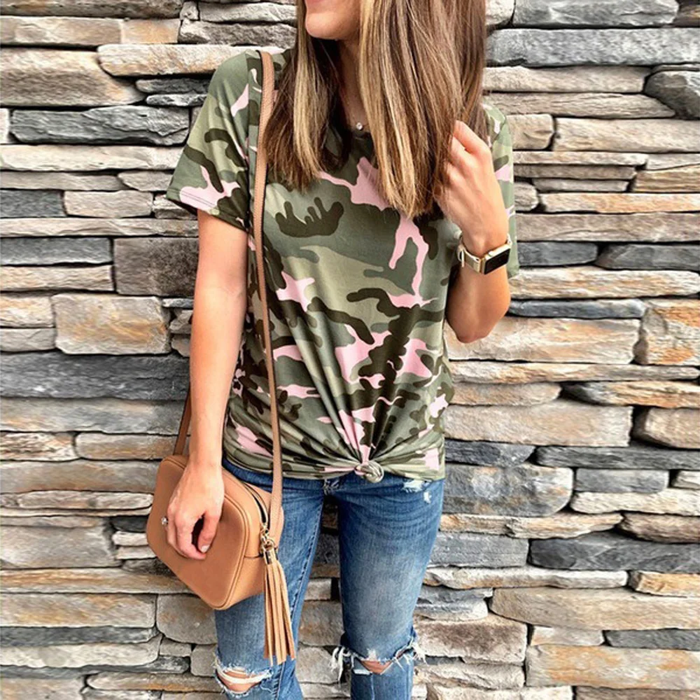 Женские повседневные топы камуфляжные 2019 летние свободные с круглым вырезом