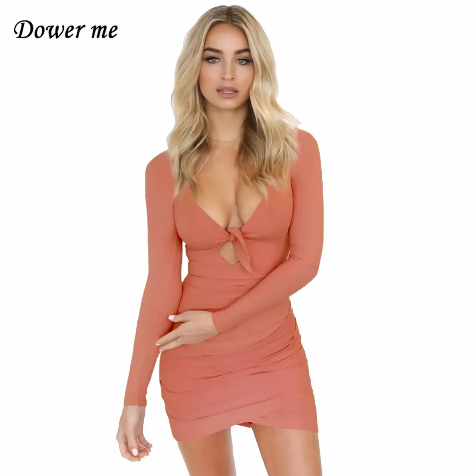 

Dower me Bandage Summer dress Above Knee Draped Sheath Night Club Long sleeve Women Mini White Khaki Gray Pink Party dress Y043