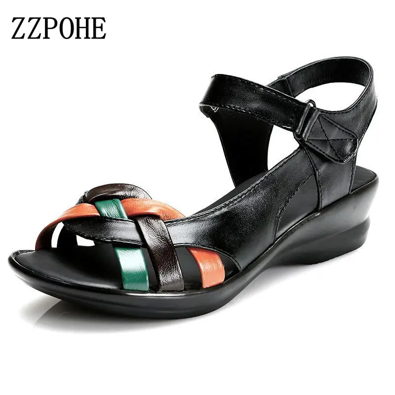 

ZZPOHE 2017 summer new Mother sandals elderly fashion casual Leather Female flat sandals hollow large size women sandals 41 42