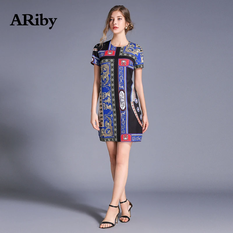 Women Dress 2019 Summer New Fashion Vintage Dress Loose Printed Short Sleeve Slimming O-Neck A-Line Print Mini Dress Plus Size
