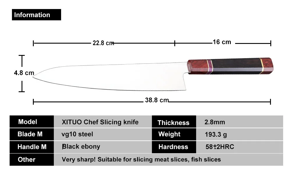 XITUO 9 дюймов японский кухонный нож vg10 высокоуглеродистой нержавеющей стали шеф-повара нож для нарезки рыбы хлеба филе для обрезки лосося Санто