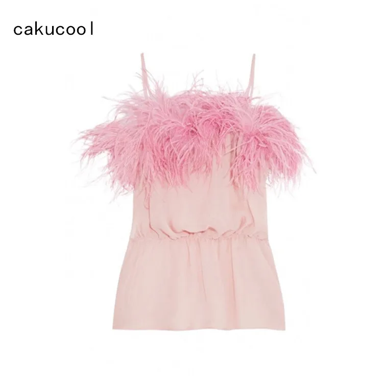 Cakucool Pink Camis Top Women Sexy Cute Pink Leathers Crop Top Fairy Silk Short Camisole Spaghetti