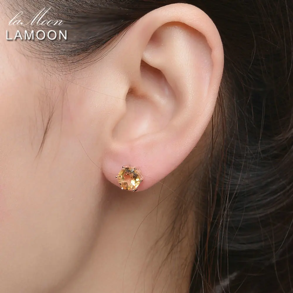 LAMOON 7mm 1.2ct Round Natural Citrine 925 Sterling Silver Simple Stud Earrings Jewelry S925 For Women LMEI027