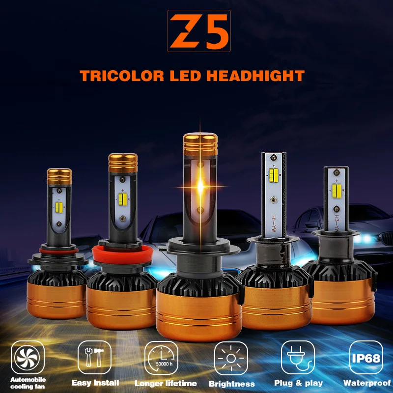 

Z5 LED TriColor 3 Color Bulbs H7 LED H4 H1 H8 H9 H11 9005 9006 50W 5800LM Flip Chips 3000K 4300K 6000K Switchback LED Headlights