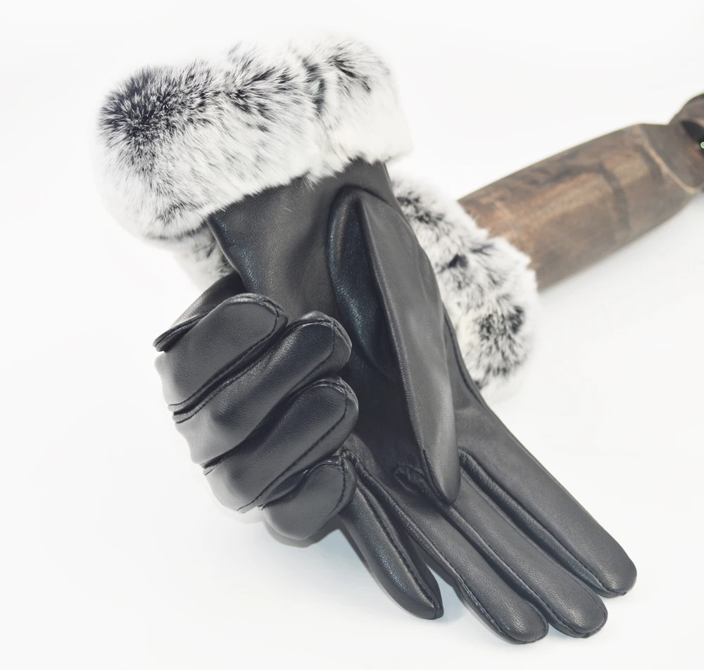 Real Rex Rabbit fur Leather Gloves Women Black Sheepskin Genuine Leather Gloves Winter Warm Soft Sheepskin Leather Gloves