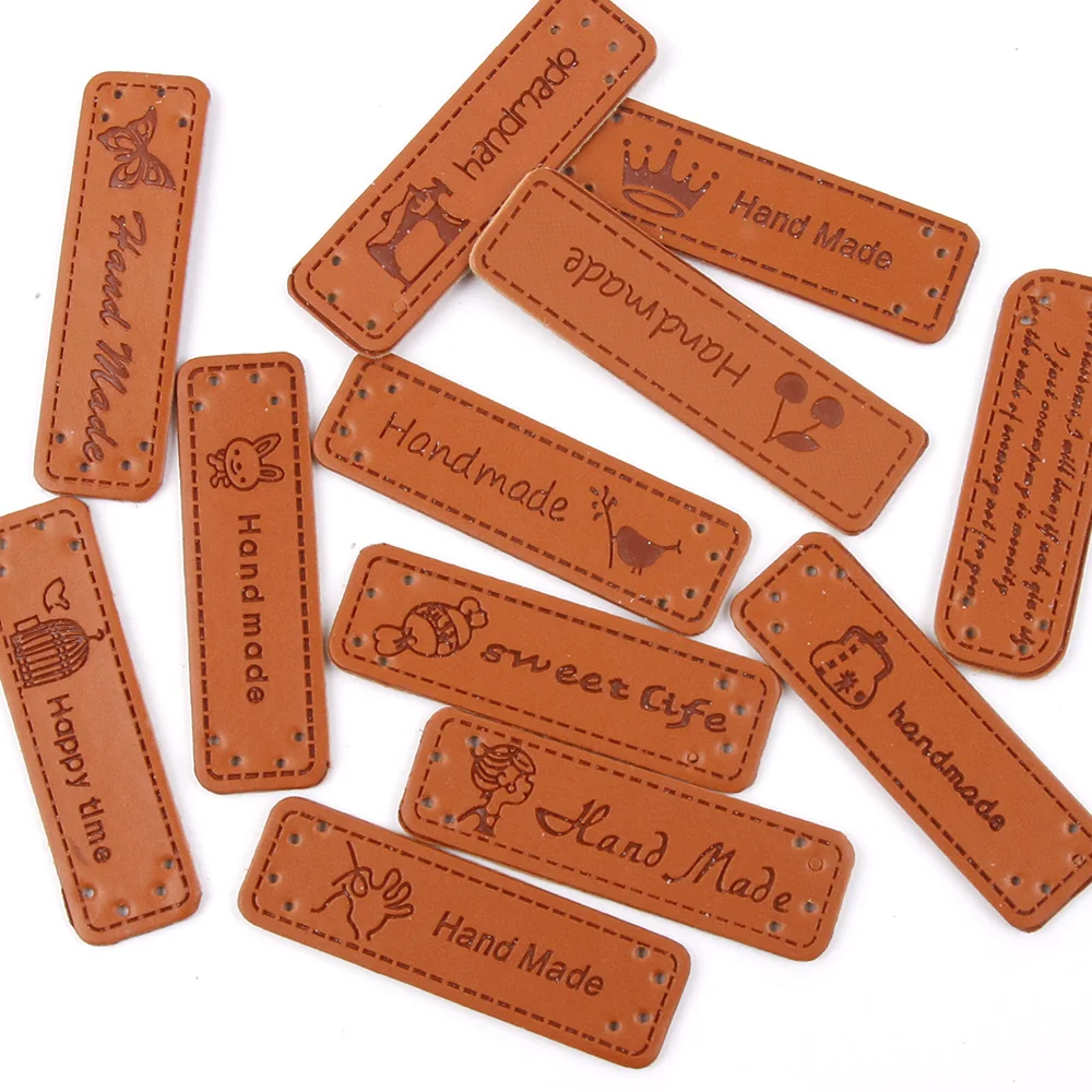 

12PCS English Hand Made Labels for Clothes PU Leather Tags Handmade Labels DIY Jeans Bags Shoes Sewing Accessories